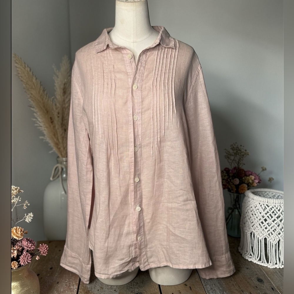CP Shades 100% Linen Pintuck Button Front Blouse Pink Size Small